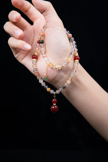 Natural Red Agate & Rutilated Quartz Necklace | Healing Crystal Jewelry
