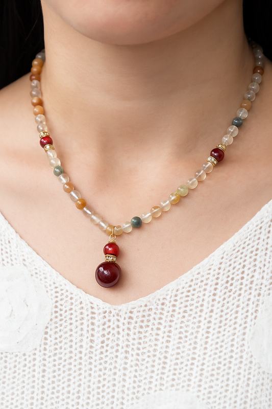 Natural Red Agate & Rutilated Quartz Necklace | Healing Crystal Jewelry
