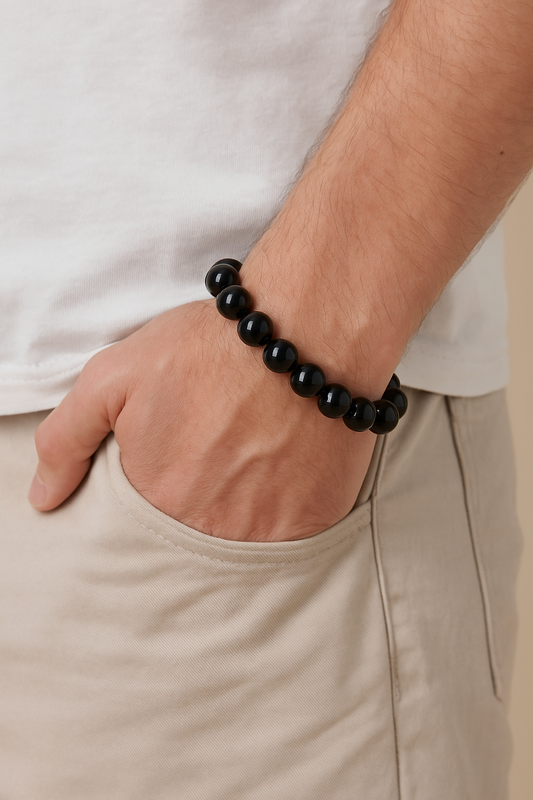 Natural Black Obsidian Bracelet 12mm | Protection & Grounding Energy Stone